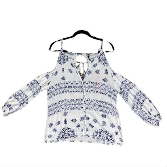NWT Womens Off Shoulder Long Sleeve White and Blue Top Size Small - Picture 1 of 2